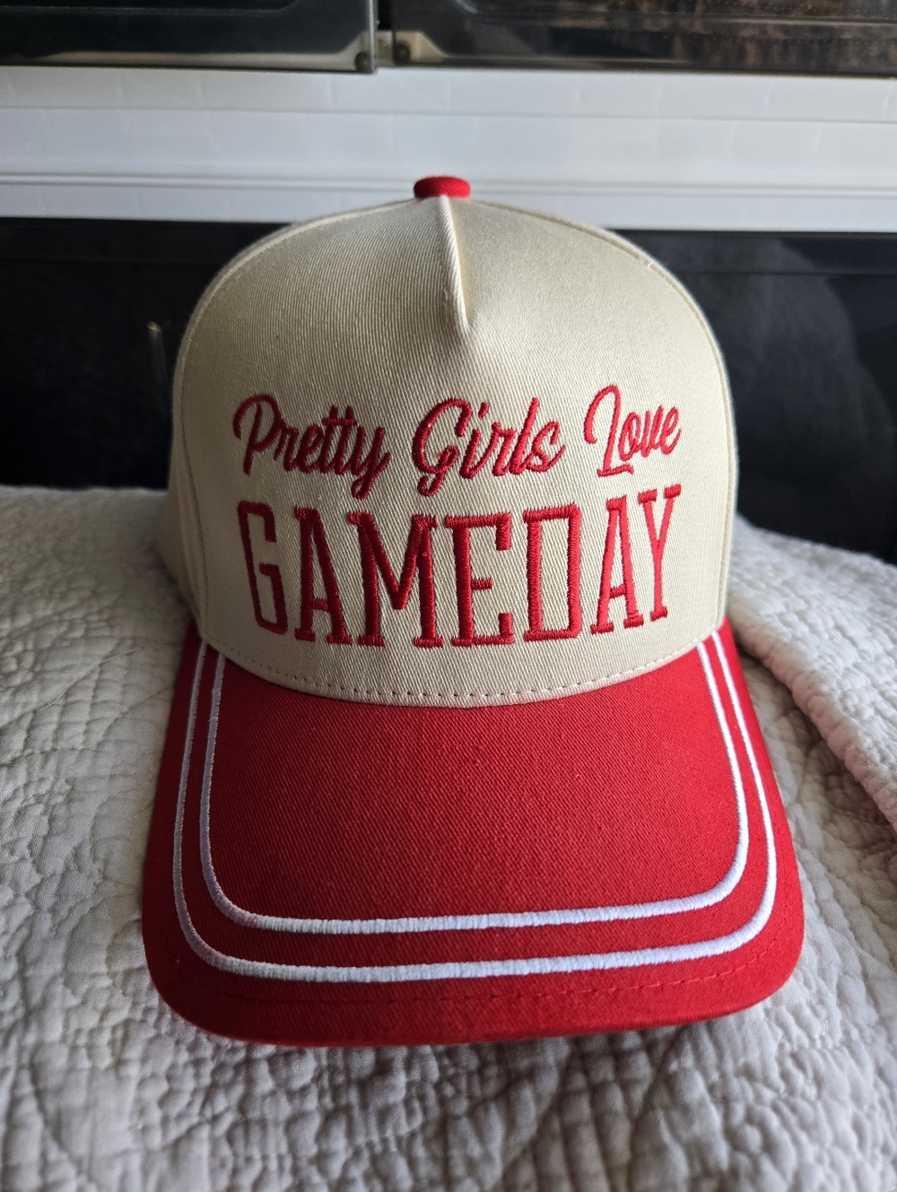 Pretty Girls Love GAMEDAY Beige and Red Baseball Cap